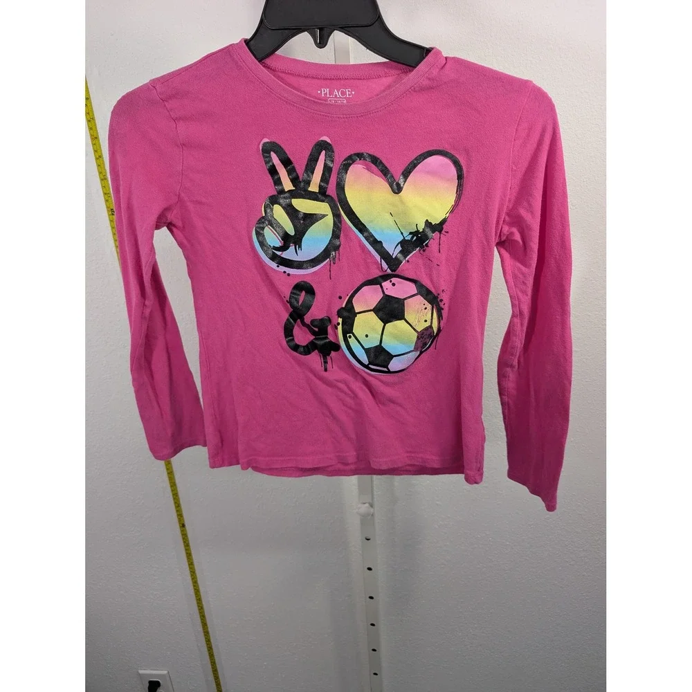 The Childrens Place Girls Pink Peace Love Soccer Graphic Long Sleeve Tee L 10/12